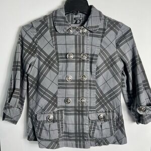Maurices Womens Size L Gray Plaid Double Breasted Cropped Jacket Peacoat Y2K